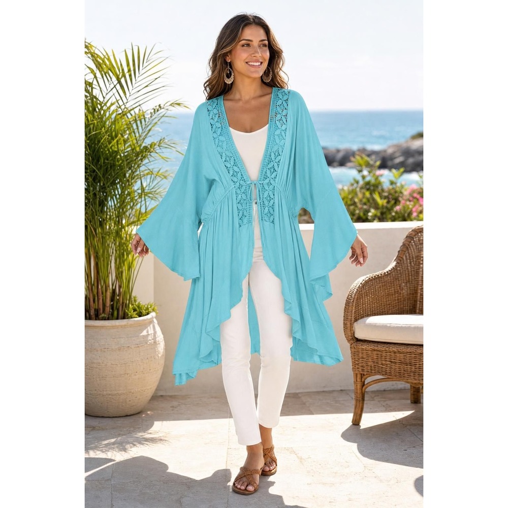 NEW Maurices Kimono Women's L Turquoise Crochet Trim Bell Sleeve Boho Festival